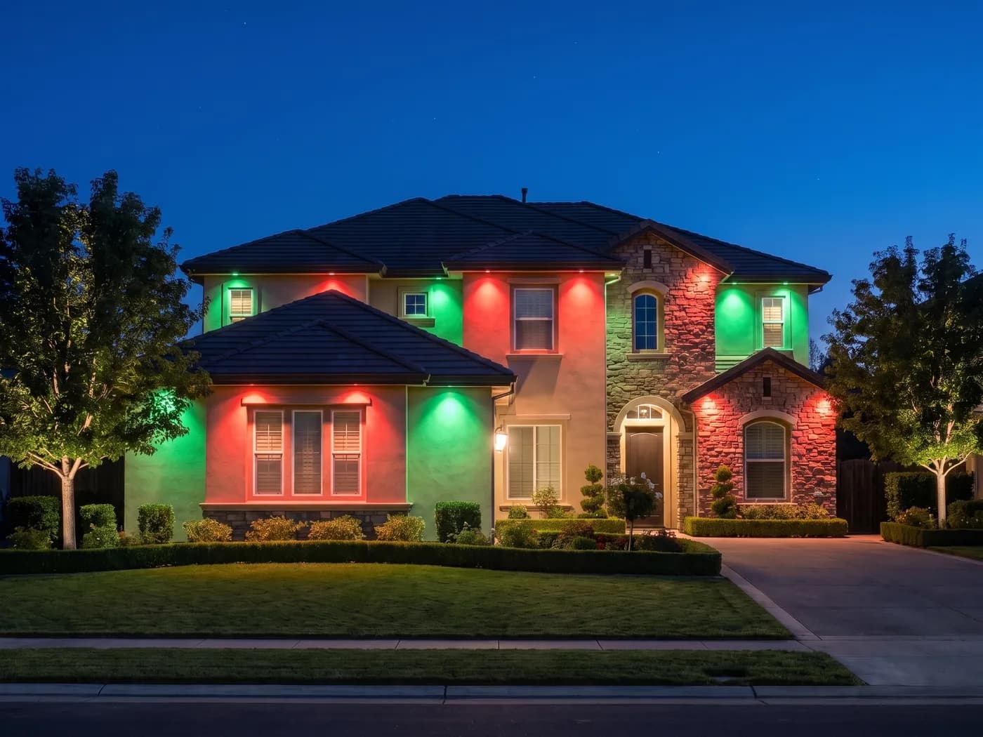 The same home lit for Christmas